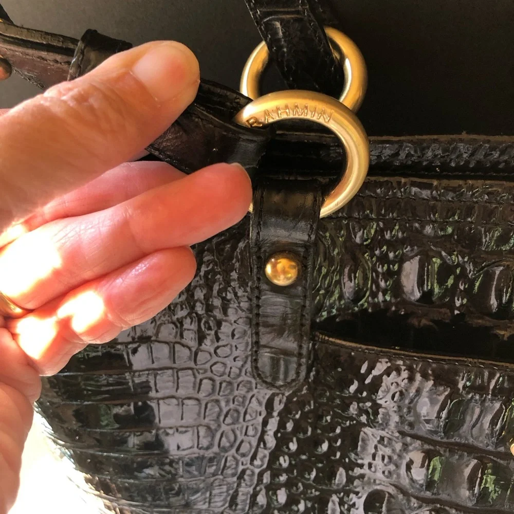 Black Brahmin Croc Embossed Satchel in EUC 14”W x 10” H x 4” D. Handle drop 10” - Picture 5 of 10